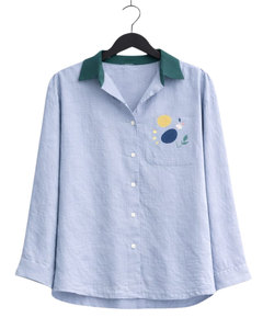 Conjunto de dos piezas para mujer, camisa azul claro y pantalones anchos verdes, conjunto informal de algodón y lino, ropa de verano con bolsillos estampados - Product Image 1