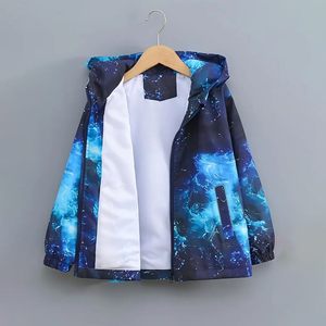 Chaqueta cortavientos con capucha y estampado de galaxia para niños, ropa exterior informal con cremallera, abrigo con estampado de cielo estrellado azul - Product Image 3