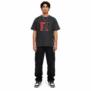 Men's Oversized Black T-Shirt With Red And <b>White</b> FB Logo Street Style Short Sleeve O-Neck Cotton Jersey Print Front <b>tshirt</b> - Product Image 1