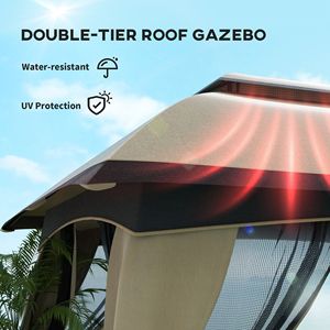 10x13ft Beige Covered Gazebo with Netting Side Walls & 2 Vented <b>Roofs</b> Patio <b>Canopy</b> & Pergola Shelter - Product Image 4