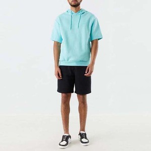 <b>Men's</b> Light Blue Oversized Hooded <b>Short</b> <b>Sleeve</b> Sweatshirt Cotton Fleece Casual Summer Wear - Product Image 4