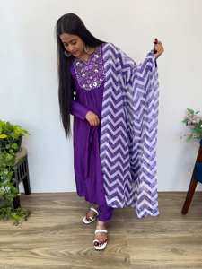 <b>women</b> purple v neck embroidered silk ethnic a line <b>kurti</b> with zigzag print scarf stylish party wear traditional outfit - Product Image 4