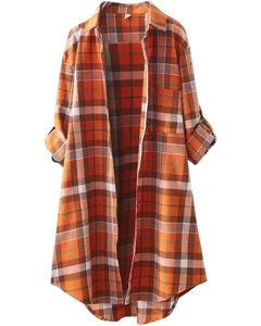 Vestido Camisero Largo a Cuadros Naranja Personalizado para Mujer, Estilo Túnica Casual con Botones, Holgado y Suave de Algodón y Lino - Product Image 1