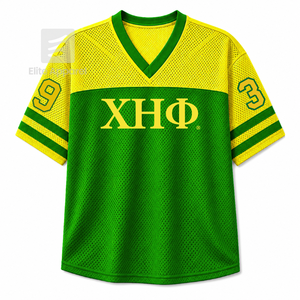 Camiseta personalizada Chi Eta Phi Sorority con cuello en V, bloques de color verde y amarillo, manga corta, estilo casual para mujer, de malla de poliéster. - Product Image 1