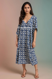Robe Kimono Asymétrique à Col en V et Taille Haute, Imprimé Floral Indigo Exquis, Faite à la Main, Écologique, Collection 2026, Meilleure Vente - Product Image 2