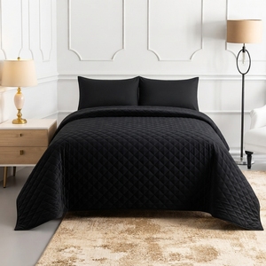 Black Micro Sateen <b>Bedspread</b> 3 Pcs Solid Diamond Stitch Bedding All Season Home Use Durable Style - Product Image 4
