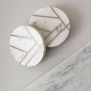 CROSS LINE BRASS INLAY Classic Eco-Friendly Set of 4 <b>Marble</b> <b>Coasters</b> White & Gold Natural and <b>Marble</b> Made in India - Product Image 6