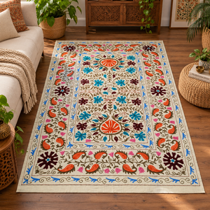 Drap de lit en coton brodé Suzani fait main de luxe, ivoire, orange, aqua, floral, paisley, bohème, ethnique indien, décoration de la maison, couvre-lit - Product Image 5