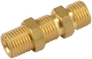 Conector de latón macho para montaje en tabique con tuerca hexagonal de seguridad |   Conector de Tanque con Rosca NPT de Baja Presión |   Conector Macho-Macho Pulido en Pulgadas - Product Image 1