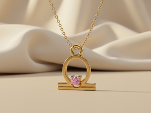 Collier pendentif zodiaque Libra avec zircone cubique rose |   Laiton plaqué or tendance pour enfants et adultes, idéal pour les occasions festives - Product Image 2