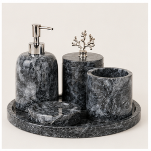 Ensemble d'accessoires de salle de bain vintage en marbre noir naturel, fait main, en pierre polie, comprenant un distributeur de savon, un gobelet et un pot à couvercle, pour hôtel - Product Image 5