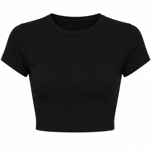 เสื้อครอปท็อปผู้หญิงสีดำ แขนสั้น คอกลม ทรงเข้ารูป สไตล์ลำลอง ผ้าเจอร์ซีย์ถัก ทอสีพื้น สีเดียว เป็นมิตรกับสิ่งแวดล้อม พร้อมโลโก้ 100% - Product Image 2