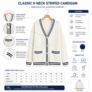 Cosh International Sorority Sisterhood Acrylic White Knitted <b>Cardigan</b> V-Neck Long Sleeve Preppy Style With <b>Navy</b> Trim And Buttons - Product Image 6