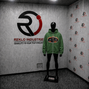 Sudadera con capucha verde extragrande personalizada con estampado gráfico de ojos, estilo streetwear unisex, con cremallera completa y manga larga. - Product Image 3