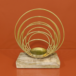 Chic Gold Metal Concentric Wire Ring <b>Tealight</b> <b>Candle</b> <b>Holder</b> Mounted On A Solid Natural Grain Wood Block Pedestal Accent Base - Product Image 1