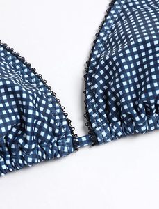 Conjunto de bikini azul a cuadros con estampado de animales/letras para mujer, tirantes finos, cuello en V profundo, detalles de lazo, alto soporte, encaje triangular brasileño - Product Image 3