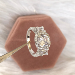Cushion <b>Cut</b> Moissanite Solitaire Halo Three <b>Stone</b> Ring Side Round Trapezoid <b>Cut</b> Stones White Gold Double Claw Ring Gift Women - Product Image 3