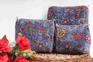 Handprinted Quilted Velvet Toiletry Pouch Set (3-Piece) Floral Vintage Travel & Bathroom Organizer Jewelry Portable - Product Image 5