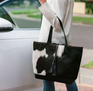 Bolso Bandolera Vintage de Cuero Genuino con Pelo Natural de Vaca, con Cadenas y Dos Correas, Cierre con Cremallera, para Mujer, Viajes de Negocios, OEM - Product Image 2