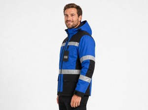 Men's Blue Black Hi Visibility Work <b>Jacket</b> With Reflective Stripes And Hood Polyester Material For Safety <b>Jacket</b> - Product Image 3