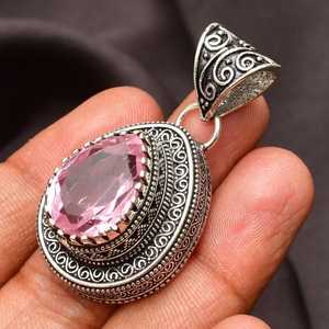 Pendentif en argent sterling plaqué or fait main avec kunzite rose et serti clos, collier de fiançailles vintage pour femme - Product Image 4
