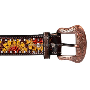 Unisex Hand Carved Floral Embossed Top Grain Genuine Western Leather <b>Tooling</b> Belt at Wholesale Manufacturer India - Product Image 1