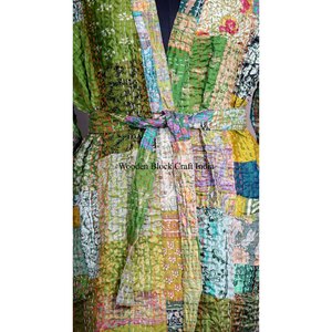 Bata de dormir vintage estilo kimono, cosida a mano, de seda, con patchwork Kantha, multicolor, con cinturón, abrigo de invierno para mujer - Product Image 4