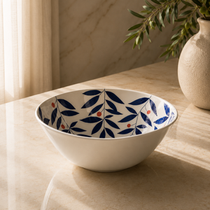 Premium Ceramic <b>Pasta</b> Bowl with Navy Botanical Artwork Generous Serving Depth and Refined Glazed Surface - Product Image 1