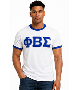 Camiseta de Algodón Blanca para Hombre Phi Beta Sigma con Letras Griegas Azules, Ribete en Contraste, Corte Regular, Estilo Casual, Cuello Redondo, Manga Corta - Product Image 1