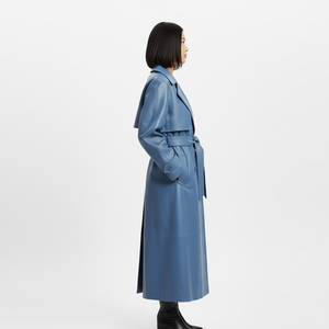 Women's Blue Real Leather <b>Thick</b> Trench <b>Coat</b> Long Length Notched Collar Belted Windproof Minimalist Style <b>Winter</b> Outerwear - Product Image 4