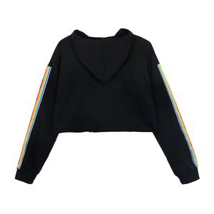 Sudadera Corta Negra para Mujer con Rayas de Arcoíris, Manga Larga, Tejida, Estilo Casual Otoñal - Product Image 3