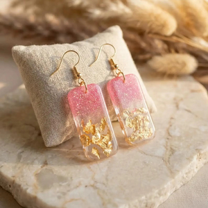 Handmade Resin Earrings <b>Pink</b> Gold Leaf Rectangular Dangle Fashion Jewelry Valentine's Day <b>Gift</b> - Product Image 1