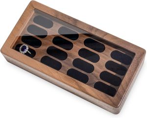 Luxury Solid Walnut Wood Ring Box with Glass Window - Ring <b>case</b> Jewelry Tray Jewelry Organizer for Rings, Studs & <b>Earrings</b> - Product Image 4