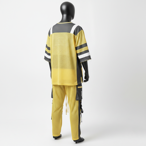 ชุดกางเกงเจอร์ซีย์ตาข่ายพรีเมียมสำหรับผู้ชาย 180 GSM ผ้าโพลีเอสเตอร์ระบายอากาศได้ดี สีเหลืองดำ ดีไซน์แผงสี  โลโก้สั่งทำได้ ชุด 2 ชิ้น สำหรับผู้ชาย - Product Image 5