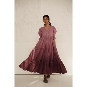 เดรสยาวผ้าฝ้ายลายมัดย้อมสไตล์ฤดูร้อน แขนพอง คอวี ทรงเอพลิ้วสวย ใส่สบาย เหมาะสำหรับวันพักผ่อนสำหรับผู้หญิง - Product Image 1