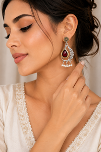 Direct Factory Ethnic Party Antique Silver-Plated Pear Cut Red Teardrop Resin Stone Unique Design <b>Dangle</b> Drop <b>Earrings</b> for Women - Product Image 2