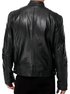 Casual Vintage Faux Leather Jacket Solid PU Stand Collar Zipper Front Regular Fit Features Motorcycle Pockets jacket for <b>men</b> - Product Image 4