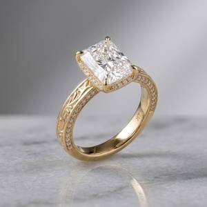 Anillo de compromiso Art Deco con halo de diamantes de corte radiante de 3.00 quilates, chapado en oro vermeil, diamantes cultivados en laboratorio, oro sólido de 14 quilates, regalo sorpresa para novias - Product Image 2