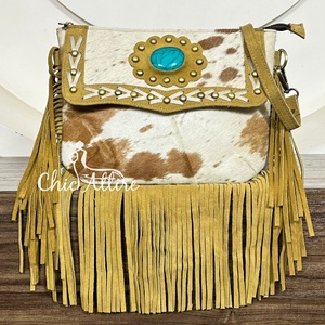 Nuevo Bolso Bandolera de Cuero Vacuno de Lujo con Flecos y Piedra Turquesa, Estilo Boho Occidental, para Uso Diario de Mujeres - Product Image 1
