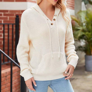 Sudadera con Capucha para Mujer, Nueva, Moderna y Casual, Transpirable, Tejido Waffle, Cuello en V con Botones y Cordón Ajustable, Manga Larga - Product Image 5