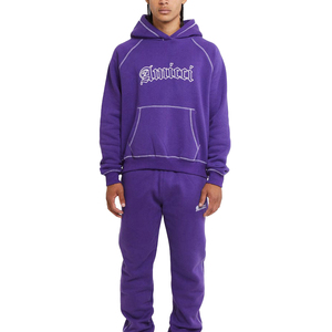 Purple Hooded Tracksuit Set Full Length Pants With Front Logo <b>Print</b> Casual Wear For Men Autumn Season 100% Cotton - Product Image 1
