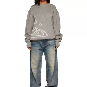 Suéter de punto gris con estampado geométrico, cuello redondo, corte holgado, estilo casual de invierno para hombre, 100% algodón, transpirable - Product Image 4