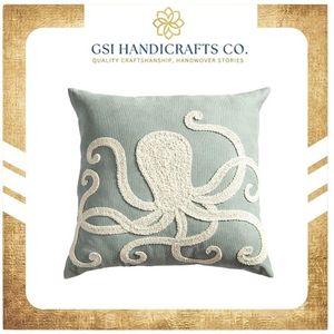 Hot Sale Square Embroidered Octopus <b>Throw</b> Pillow in Light Blue with <b>White</b> Marine Design Mediterranean Style Decorative Cushion - Product Image 2