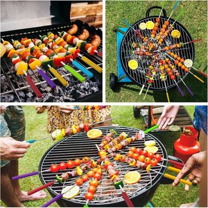 10 Pack Reusable 16\" Long Kebab Skewers with Silicone Handle Stainless Steel Flat <b>BBQ</b> Accessories for Party Grills - Product Image 4