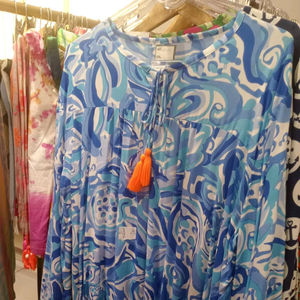 Novedad 2026: Túnica de satén con estampado de estrellas azules, ligera, estilo vintage para playa, con detalles de botones, talla grande, para mujer y niña, estilo campesino. - Product Image 1