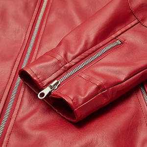 <b>Men's</b> Red Genuine Leather <b>Jacket</b> Zipper Closure Turn Down Collar Casual Autumn Style Regular Fit Vintage Classic Slim Fit - Product Image 4