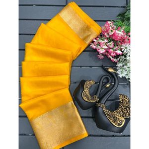 DISEÑADOR ORGANZA ZARI TRABAJO SAREE CON BLUSA SIN COSTAR AMARILLO - Product Image 1
