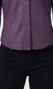 Women's Soft Genuine <b>Leather</b> Fashion <b>Shirt</b> Purple Cowhide <b>Leather</b> Button Front Long Sleeve Collar Formal Summer Knitted - Product Image 5