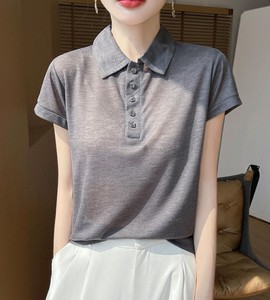 T-shirt décontracté d'été pour femme en maille Oxford unie avec col, manches courtes, anti-plis et séchage rapide - Product Image 6