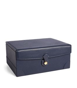 Navy Blue <b>Leather</b> <b>Leather</b> Rectangular <b>Jewelry</b> <b>Box</b> With Lid Minimalist Design 1 Layer Hinged Storage Container - Product Image 1